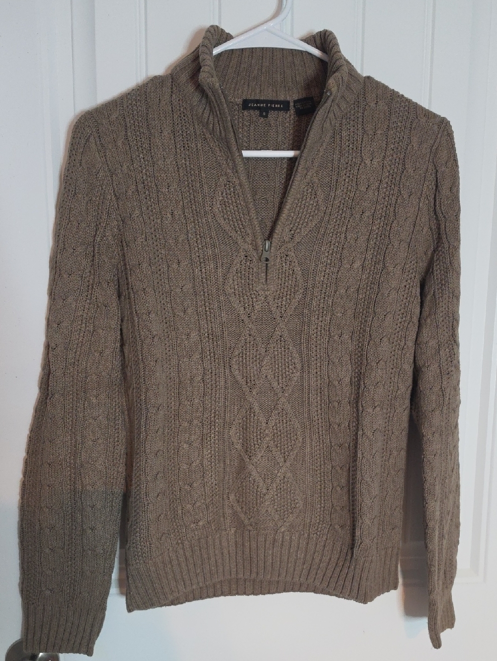 JEANNE PIERRE Taupe Cable-Knit Half-Zip Sweater